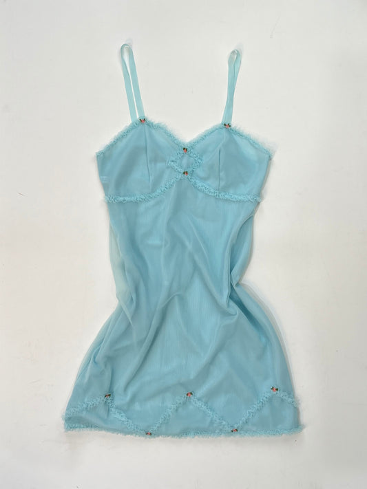 Vintage 1960s St Michael nylon slip dress in baby blue with rosebud embroidery, size 16.