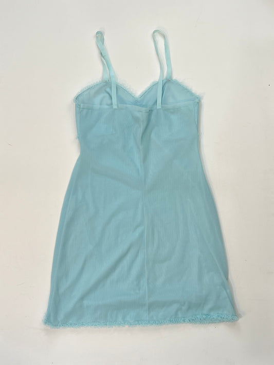 Vintage 1960s St Michael nylon slip dress in baby blue with rosebud embroidery, size 16.
