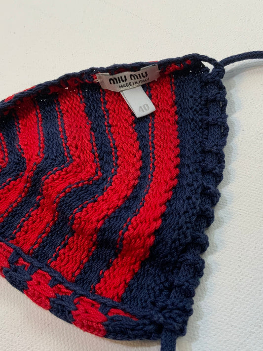 Miu Miu crochet bra top in red and black stripes with halter neck tie and triangle cups.