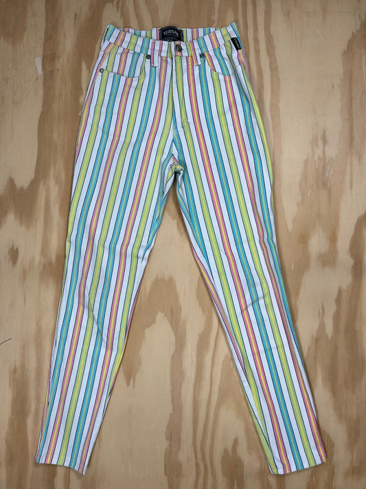 Front view of 1990s Versace Jeans Couture rainbow striped pants in slim high-rise cut.