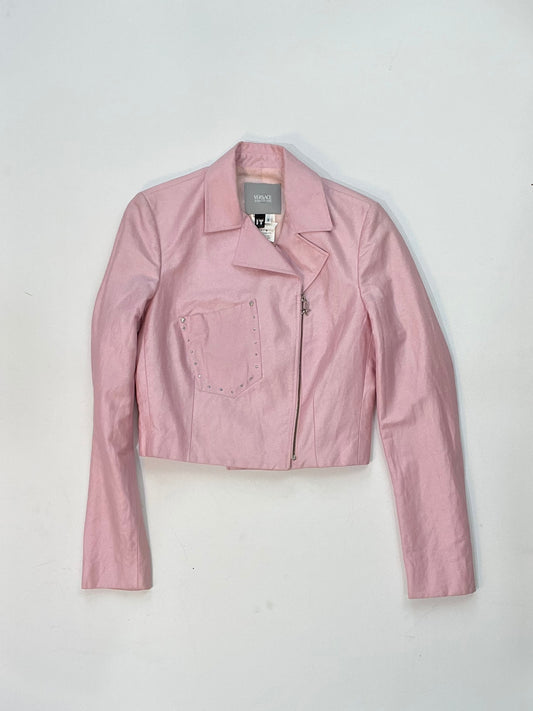 Front view of vintage Versace pink cropped jacket with rhinestone studs and Medusa hardware.