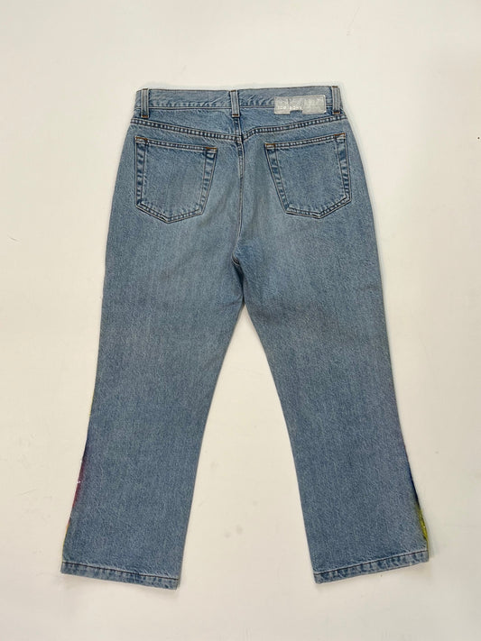 Vintage Iceberg denim jeans in light blue wash with rainbow sequin side stripes and Ice Jeans Iceberg back patch.