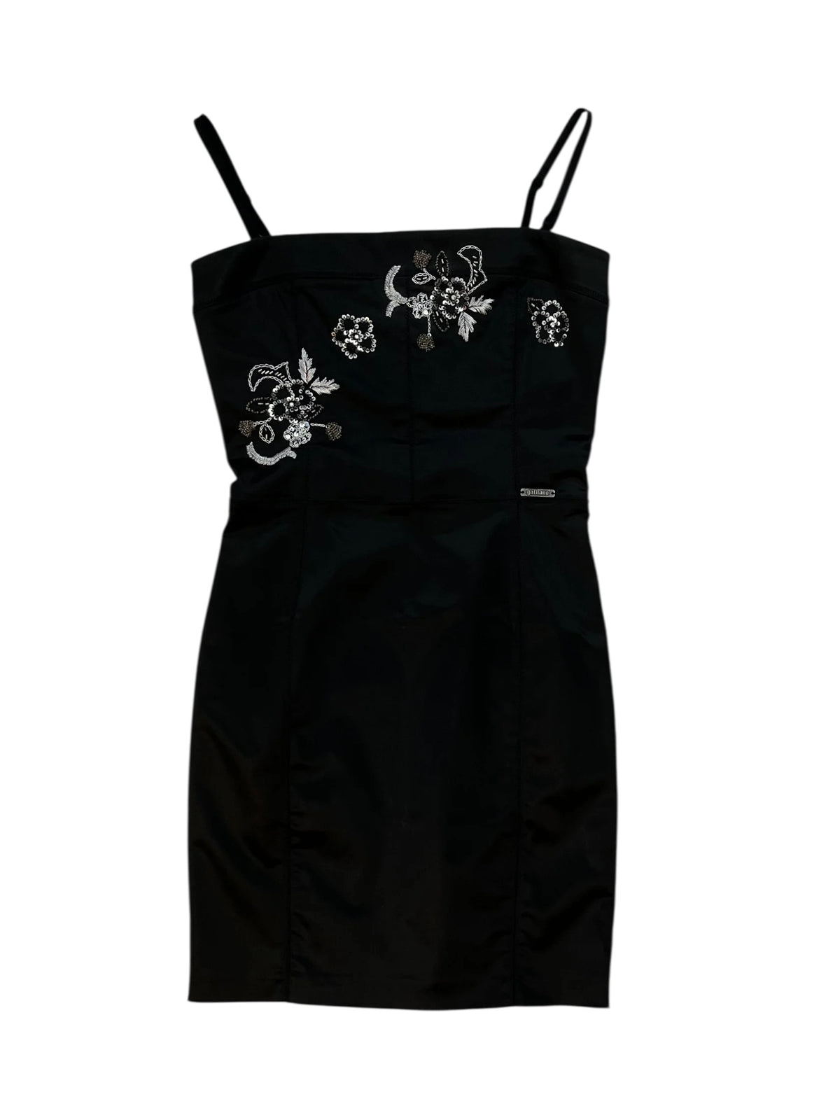 Galliano Black Satin Mini Dress – Embroidered Floral Detail