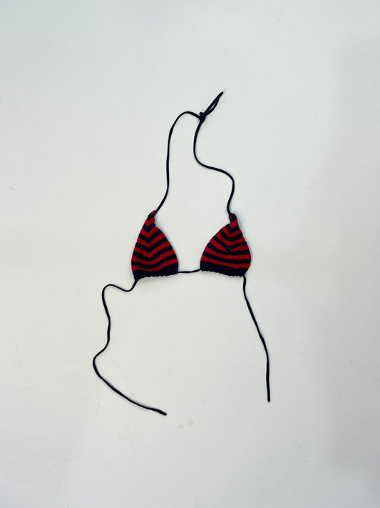 Miu Miu crochet bra top in red and black stripes with halter neck tie and triangle cups.