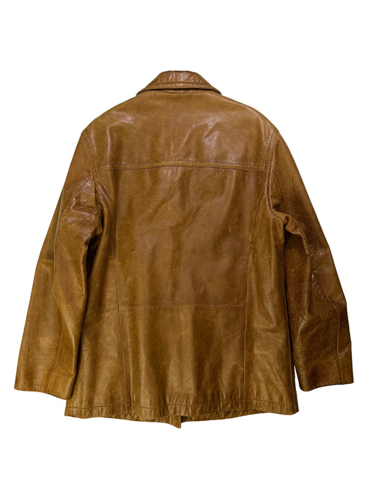 back of Vintage 1990s J.Crew brown cowhide leather jacket with natural patina, wide lapel collar, and button-front closure.