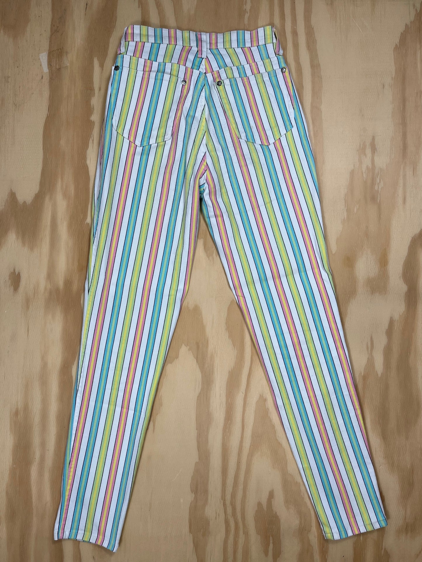 Back View of 1990s Versace Jeans Couture rainbow striped pants in slim high-rise cut.