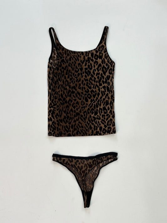 Vintage Dolce & Gabbana leopard print camisole and matching thong lingerie set, unworn.