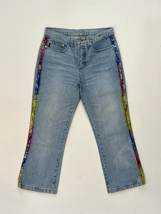 Vintage Iceberg denim jeans in light blue wash with rainbow sequin side stripes and Ice Jeans Iceberg back patch.