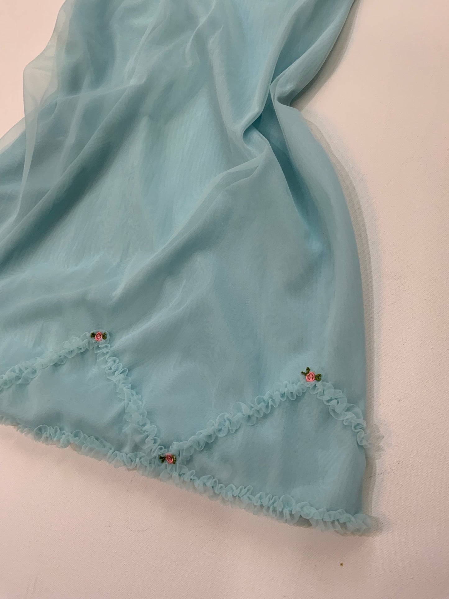 Vintage 1960s St Michael nylon slip dress in baby blue with rosebud embroidery, size 16.