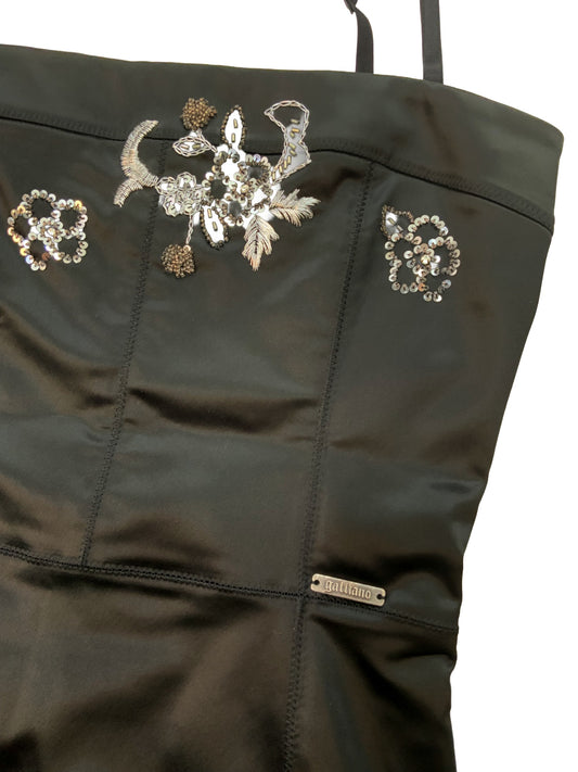 Galliano Black Satin Mini Dress – Embroidered Floral Detail