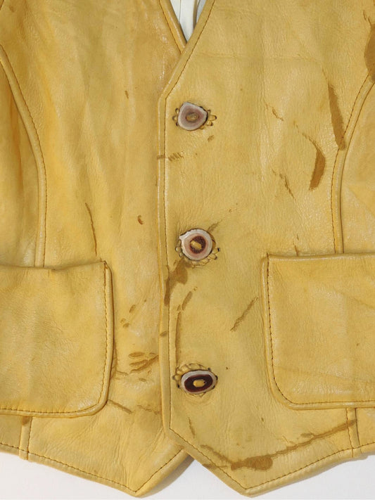 Vintage Distressed Leather Vest – Golden Brown Waistcoat with Suede Button Detail (Size S)