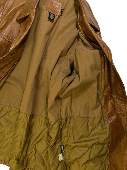 inside of Vintage 1990s J.Crew brown cowhide leather jacket with natural patina, wide lapel collar, and button-front closure.
