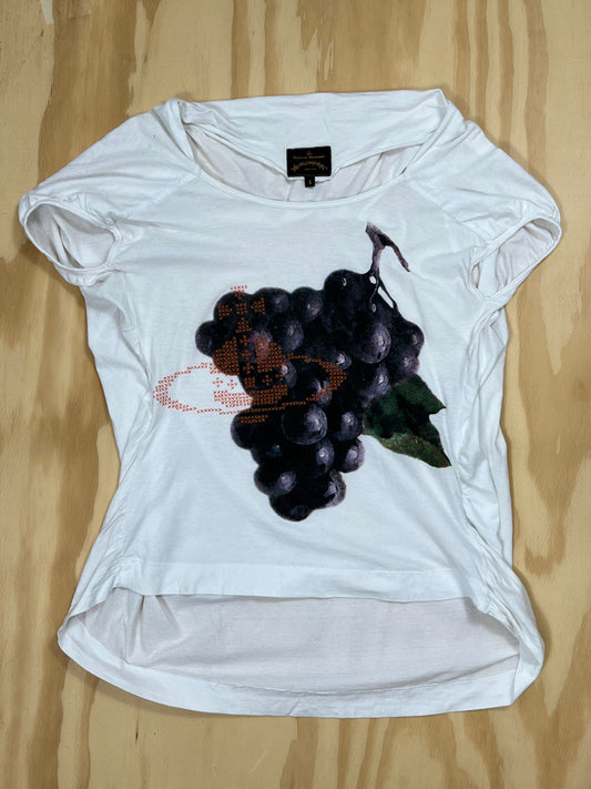 Vivienne Westwood vintage grape t-shirt in white with purple fruit print and studded orb detail, front view flat lay.