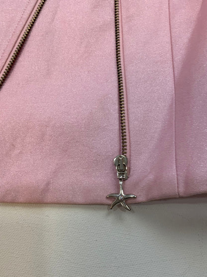 Zipper detail with starfish pull on Versace pink cropped jacket.