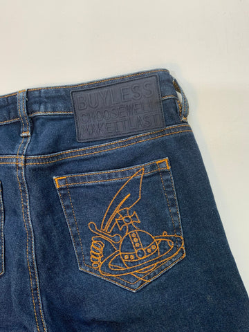 Vivienne Westwood Skinny Blue Jeans – Orb Embroidery & “Buy Less, Choose Well” Patch