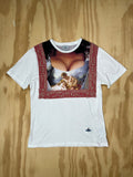 1990 Vivienne Westwood cleavage t-shirt in white cotton with trompe-l’oeil cleavage print, red baroque border, and orb logo, flat lay front view.