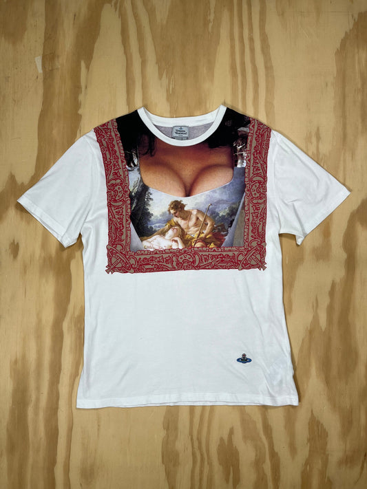 1990 Vivienne Westwood cleavage t-shirt in white cotton with trompe-l’oeil cleavage print, red baroque border, and orb logo, flat lay front view.