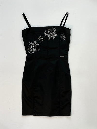 Galliano Black Satin Mini Dress – Embroidered Floral Detail