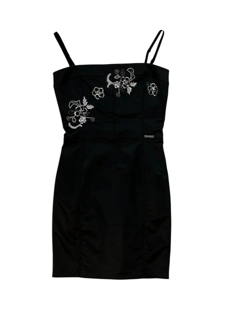 Galliano Black Satin Mini Dress – Embroidered Floral Detail