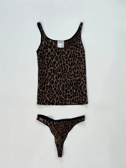 Vintage Dolce & Gabbana leopard print camisole and matching thong lingerie set, unworn.