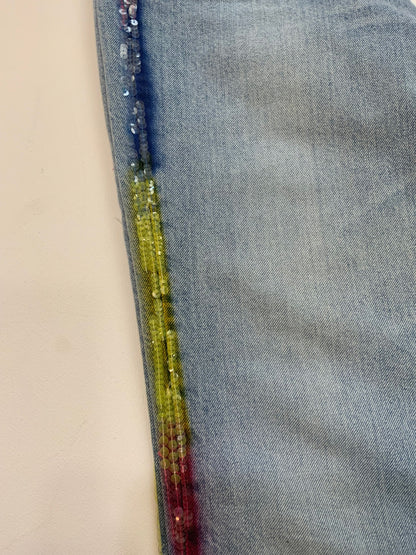 Vintage Iceberg denim jeans in light blue wash with rainbow sequin side stripes and Ice Jeans Iceberg back patch.