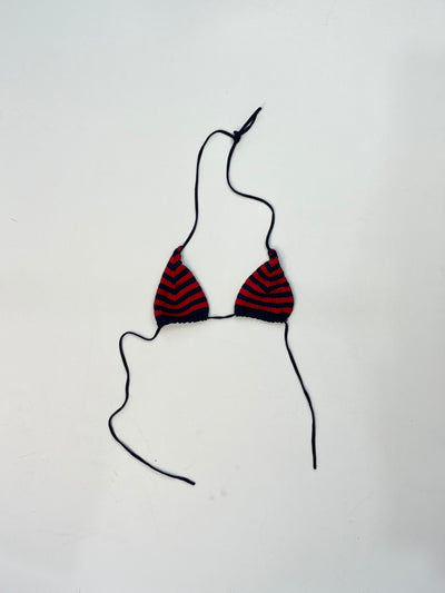 Miu Miu Crochet Triangle Bra Top – Red & Black Striped Knit