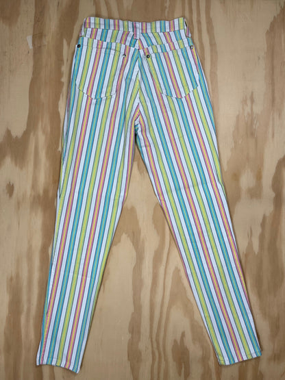 Back View  of 1990s Versace Jeans Couture rainbow striped pants in slim high-rise cut.