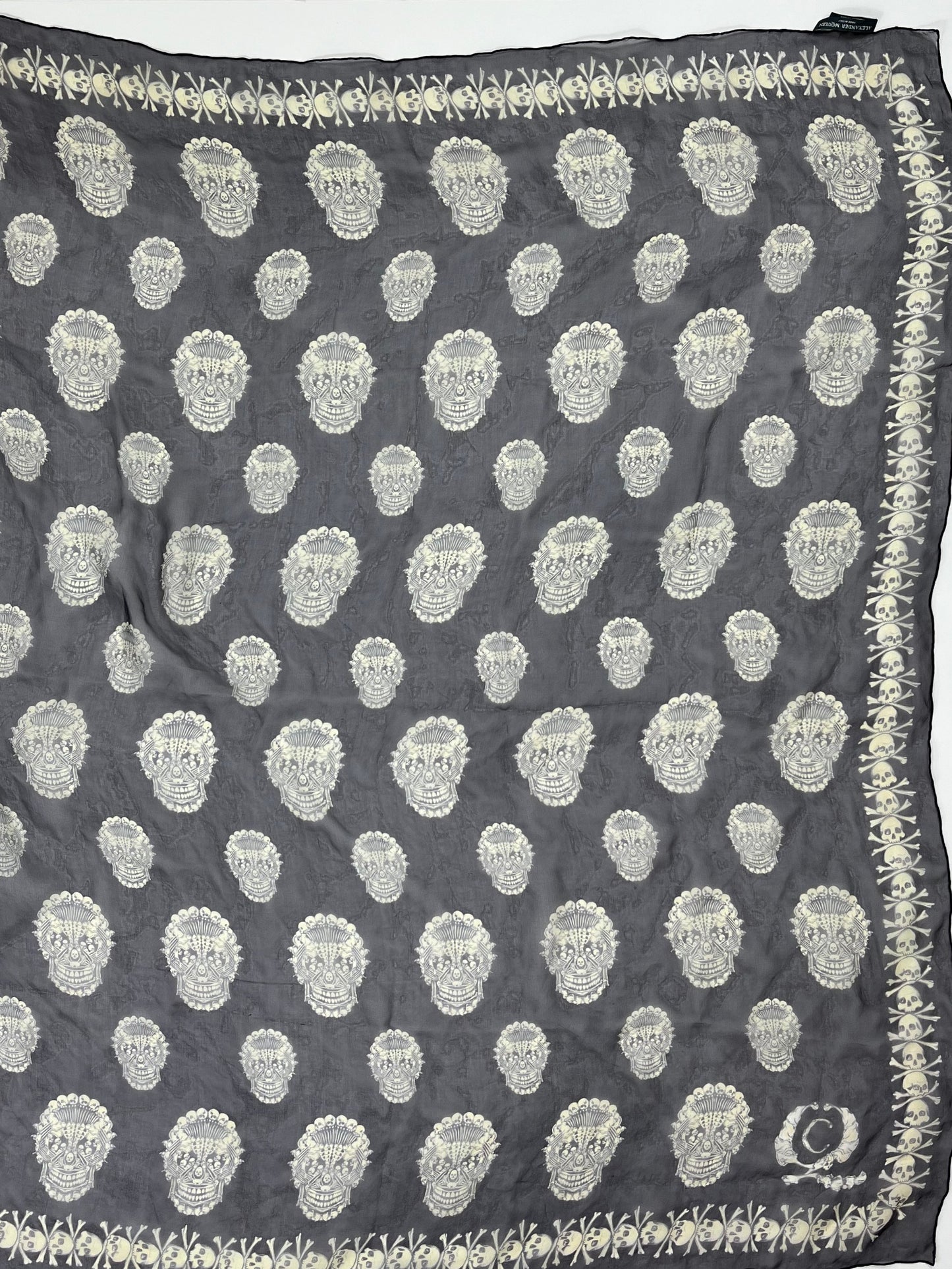 Alexander McQueen Skull Scarf – Navy & Cream Silk Chiffon Iconic Print (Y2K Classic)