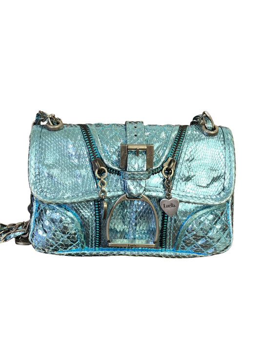 Vintage Luella metallic turquoise snakeskin handbag with silver buckle, chain strap, and signature heart charms, early 2000s Y2K It-bag.