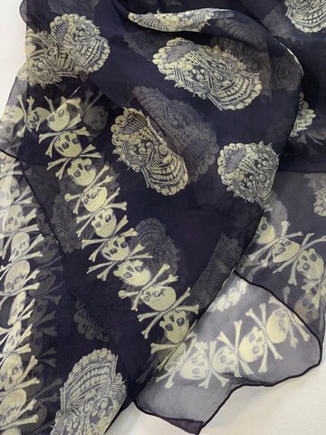 Alexander McQueen Skull Scarf – Navy & Cream Silk Chiffon Iconic Print (Y2K Classic)