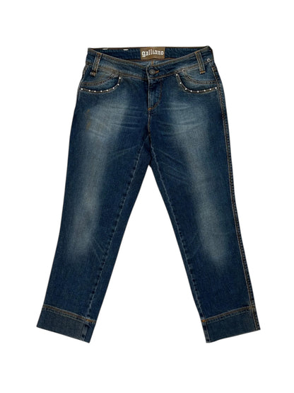 Vintage John Galliano Embellished Denim Jeans – Pearl Stud Trim & Back Pocket Detail