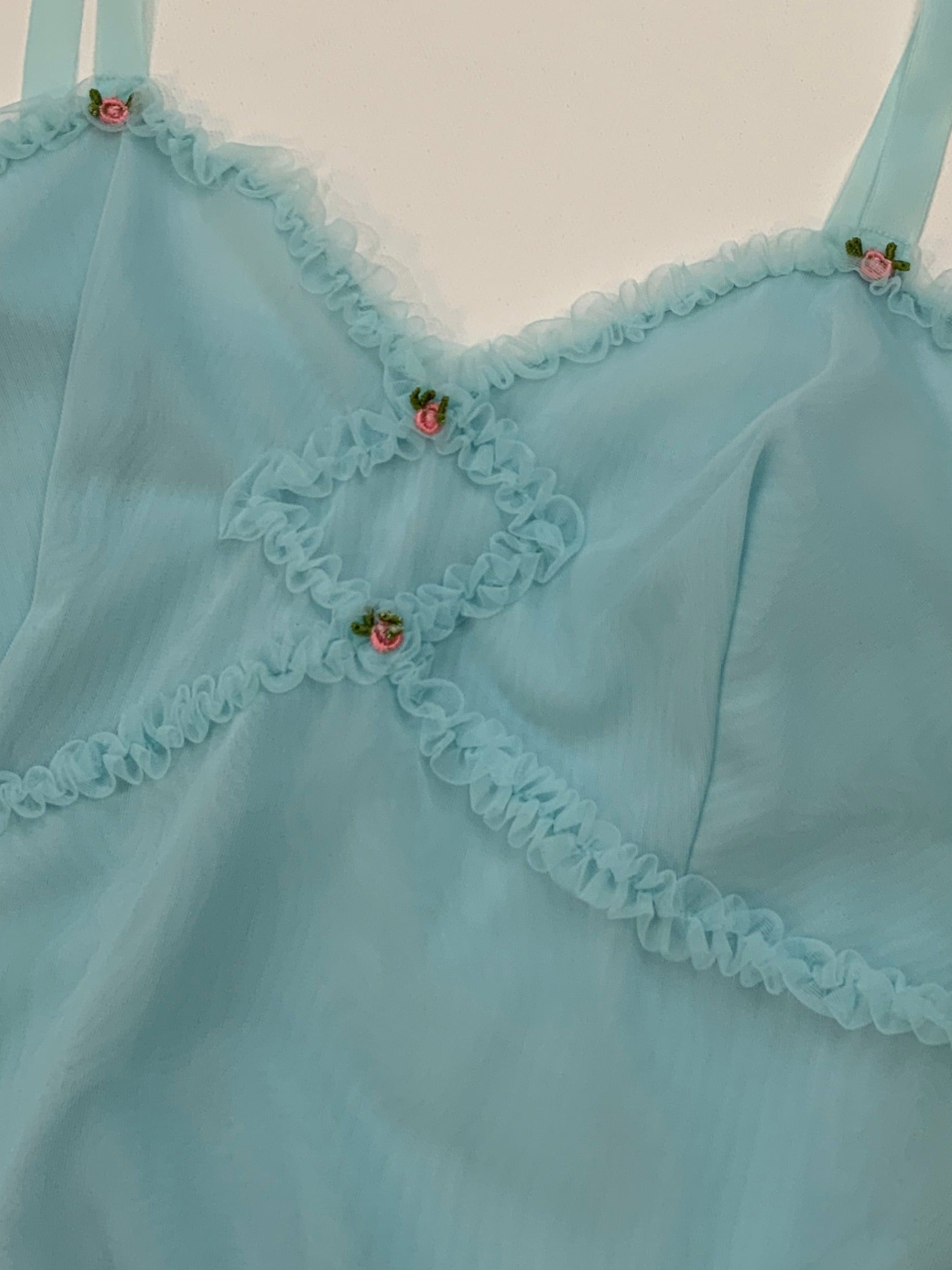 Vintage 1960s St Michael nylon slip dress in baby blue with rosebud embroidery, size 16.