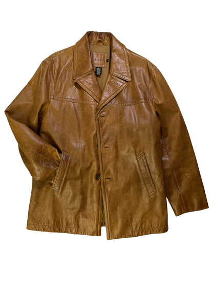 Vintage 1990s J.Crew brown cowhide leather jacket with natural patina, wide lapel collar, and button-front closure.