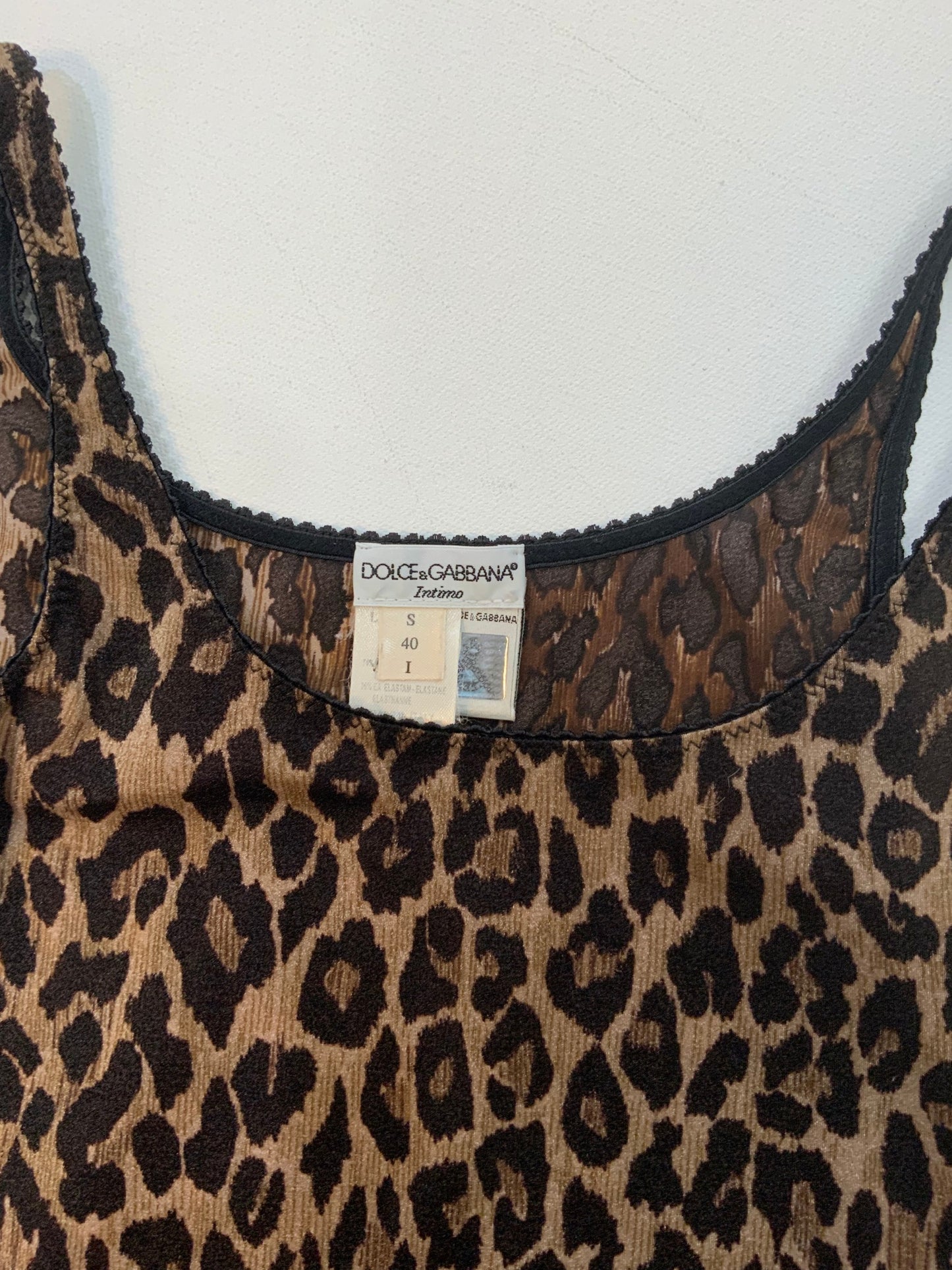 Vintage Dolce & Gabbana leopard print camisole and matching thong lingerie set, unworn.