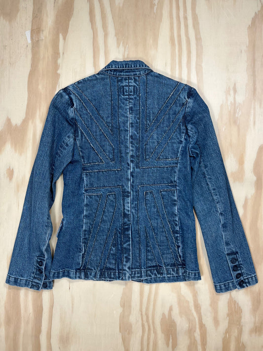 Vintage denim blazer with bold Union Jack stitched panel across the back, Britpop-inspired Y2K style.