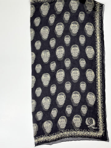 Alexander McQueen Skull Scarf – Navy & Cream Silk Chiffon Iconic Print (Y2K Classic)
