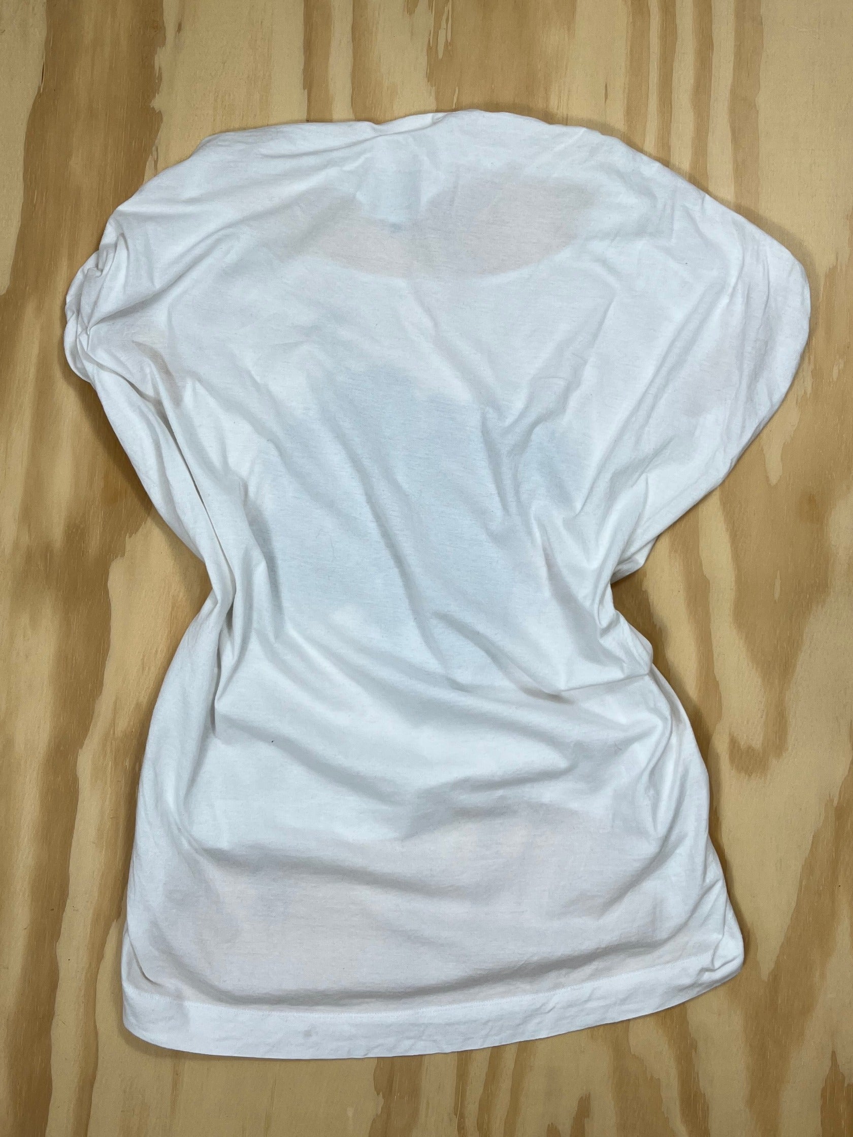 Vivienne Westwood grape print t-shirt in white cotton, high-low hem, back view flat lay.