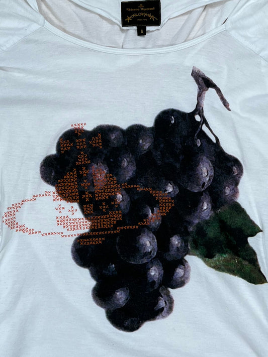 Vivienne Westwood grape t-shirt showing bold grape cluster graphic with metallic stud orb detail.