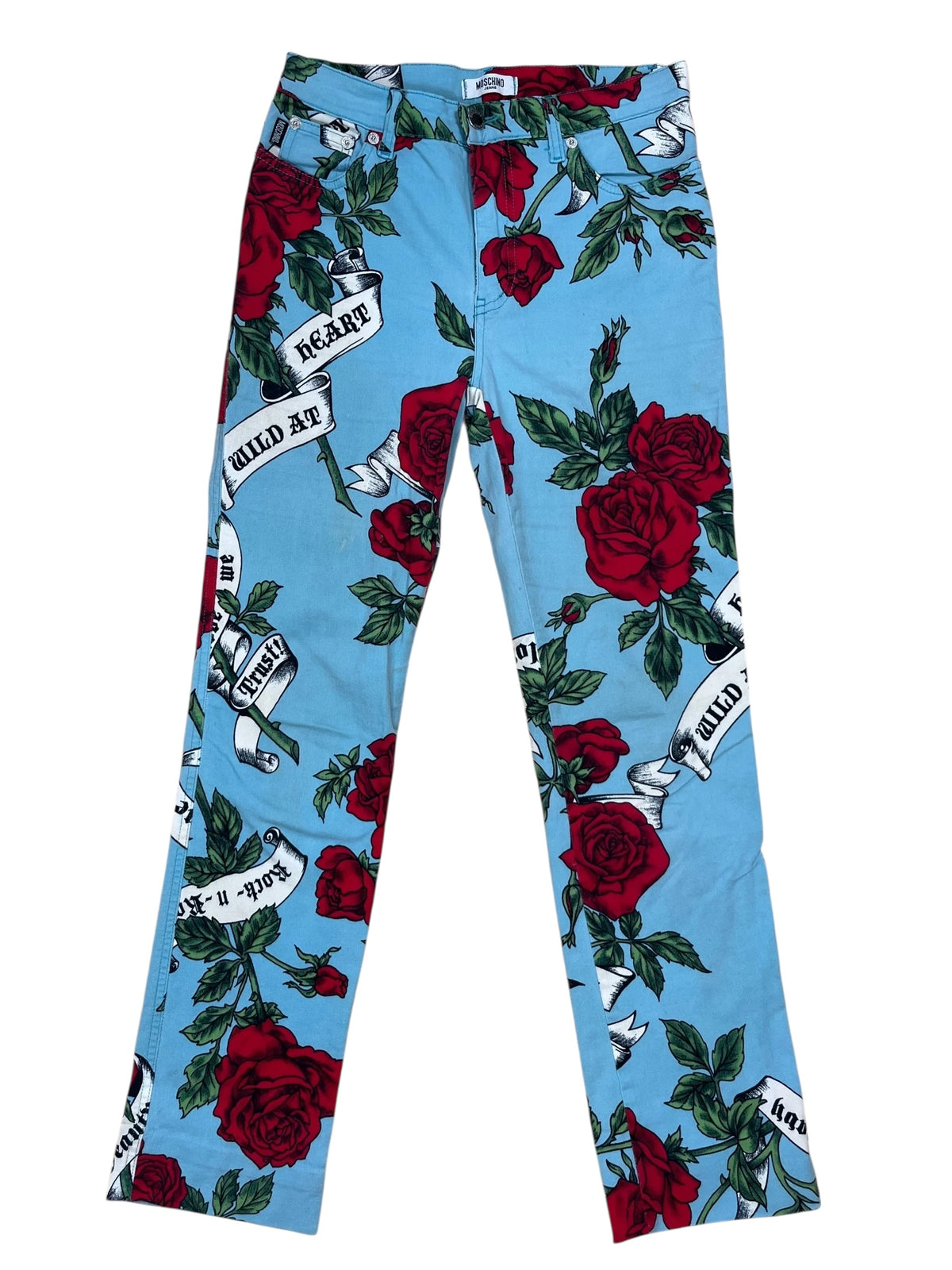 Vintage Moschino 1990's Jeans Blue Rose & Wild at heart print pants