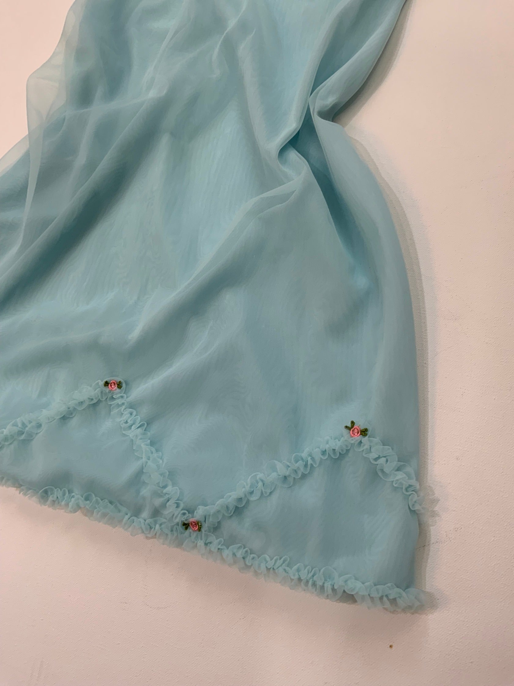 Vintage 1960s St Michael nylon slip dress in baby blue with rosebud embroidery, size 16.