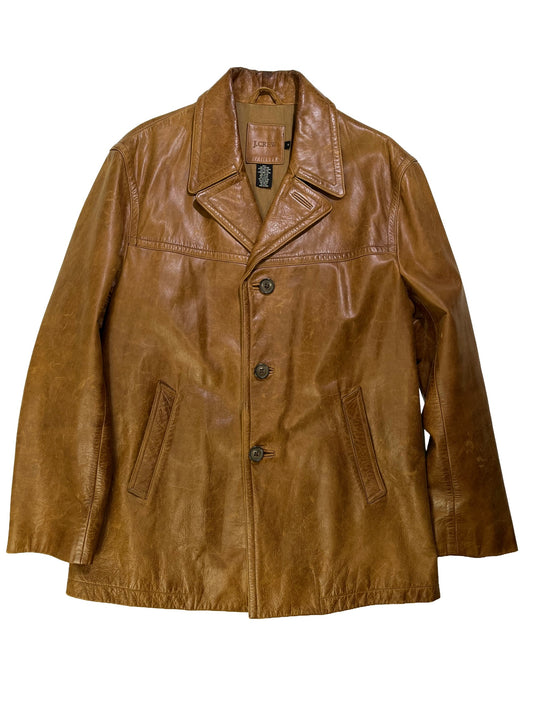 Vintage 1990s J.Crew brown cowhide leather jacket with natural patina, wide lapel collar, and button-front closure.