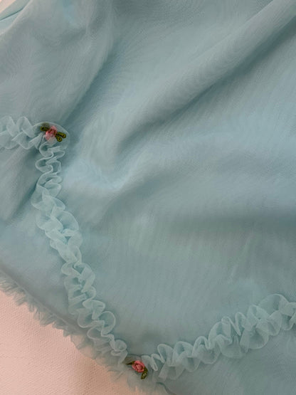 Vintage 1960s St Michael nylon slip dress in baby blue with rosebud embroidery, size 16.