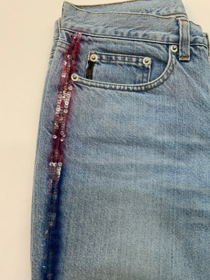 Vintage Iceberg denim jeans in light blue wash with rainbow sequin side stripes and Ice Jeans Iceberg back patch.