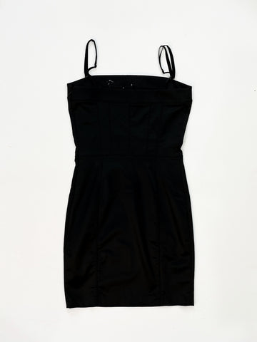 Galliano Black Satin Mini Dress – Embroidered Floral Detail