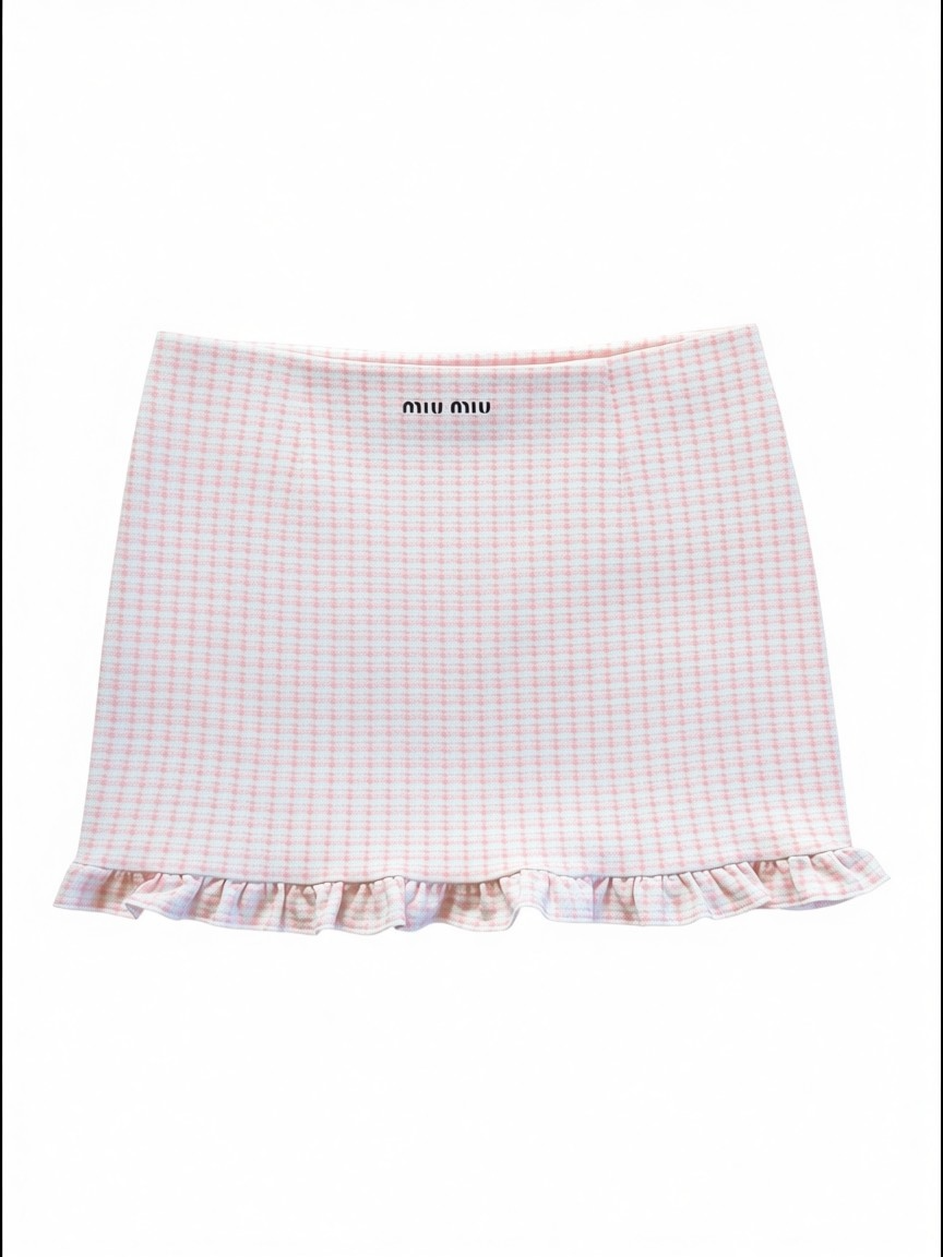 Miu Miu Pink Gingham Ruffle Mini Skirt
