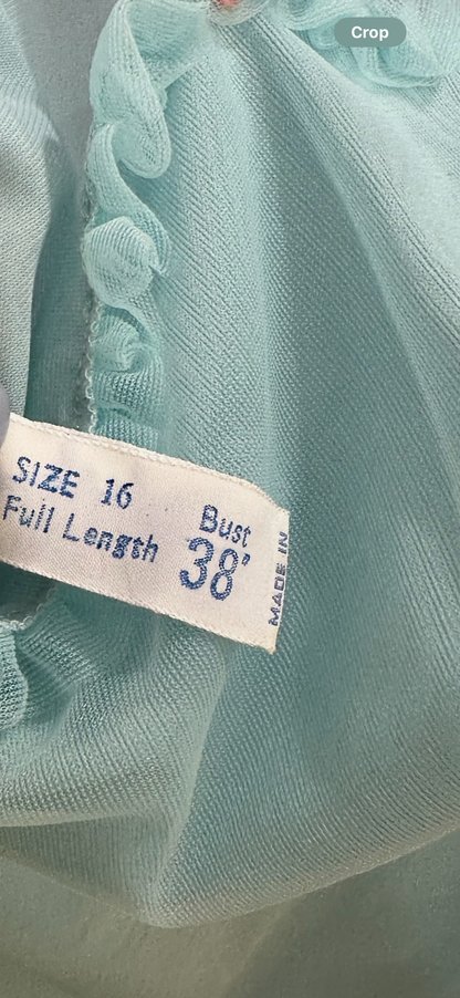 Vintage 1960s St Michael nylon slip dress in baby blue with rosebud embroidery, size 16.