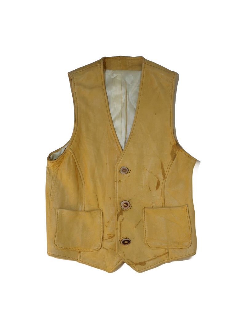 Vintage Distressed Leather Vest – Golden Brown Waistcoat with Suede Button Detail (Size S)